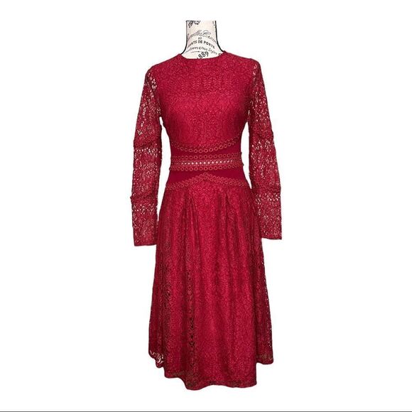 ASOS DESIGN long sleeve midi dress in lace with circle trim details in berry - Picture 1 of 10